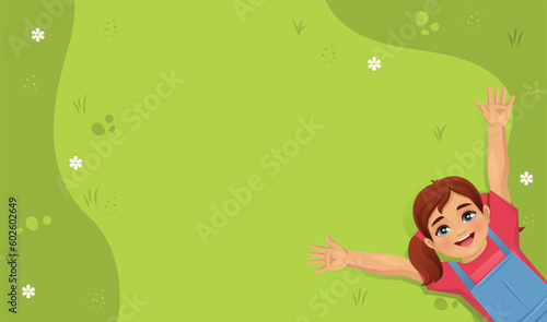 Smiling cute girl lying on grass. Summer happy children day background isolated vector illustration