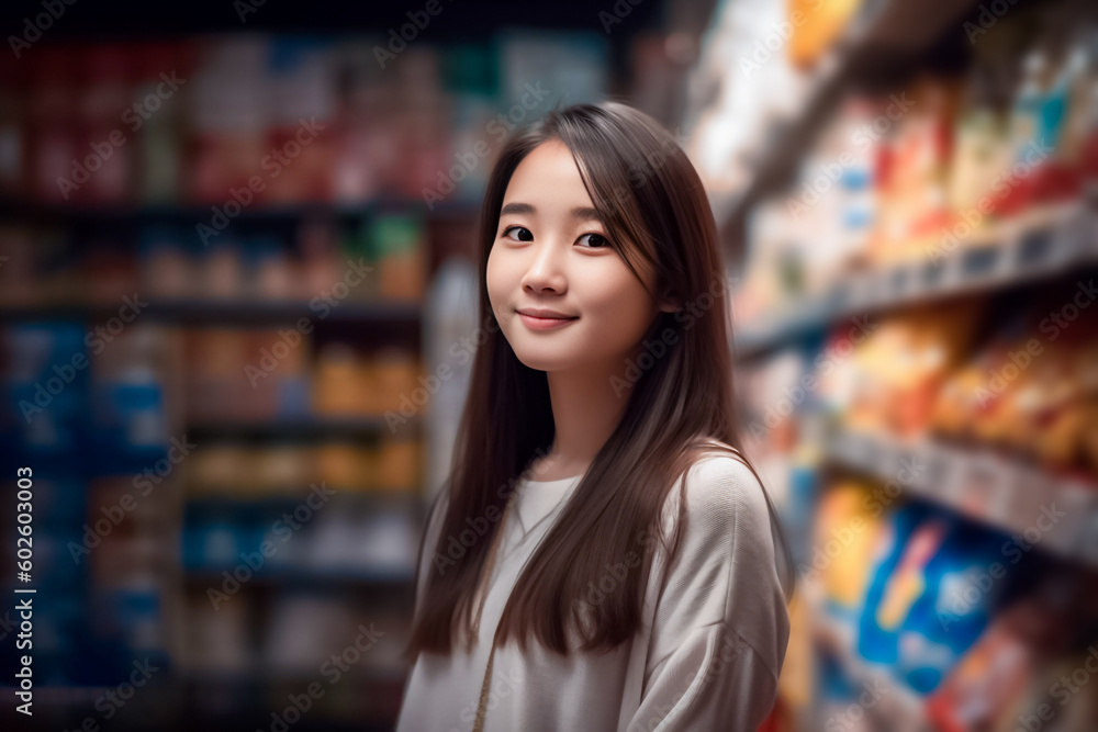 Against the dimly lit background of a supermarket department store, an Asian girl stands before a shelf, browsing the items available. generative AI Against the dimly lit background of a supermarket department store, an Asian girl stands before a shelf, browsing the items available. generative AI