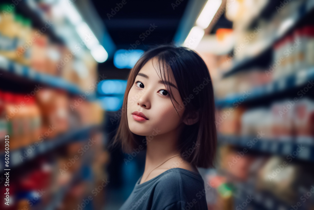 Against the dimly lit background of a supermarket department store, an Asian girl stands before a shelf, browsing the items available. generative AI Against the dimly lit background of a supermarket department store, an Asian girl stands before a shelf, browsing the items available. generative AI