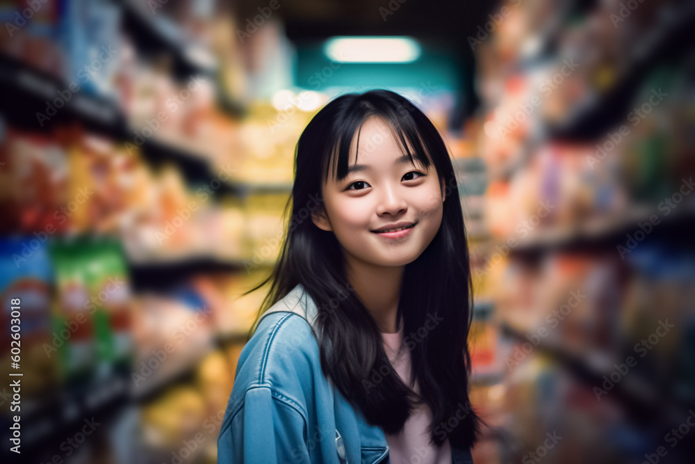 Against the dimly lit background of a supermarket department store, an Asian girl stands before a shelf, browsing the items available. generative AI