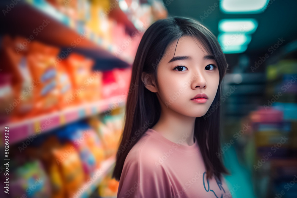Against the dimly lit background of a supermarket department store, an Asian girl stands before a shelf, browsing the items available. generative AI