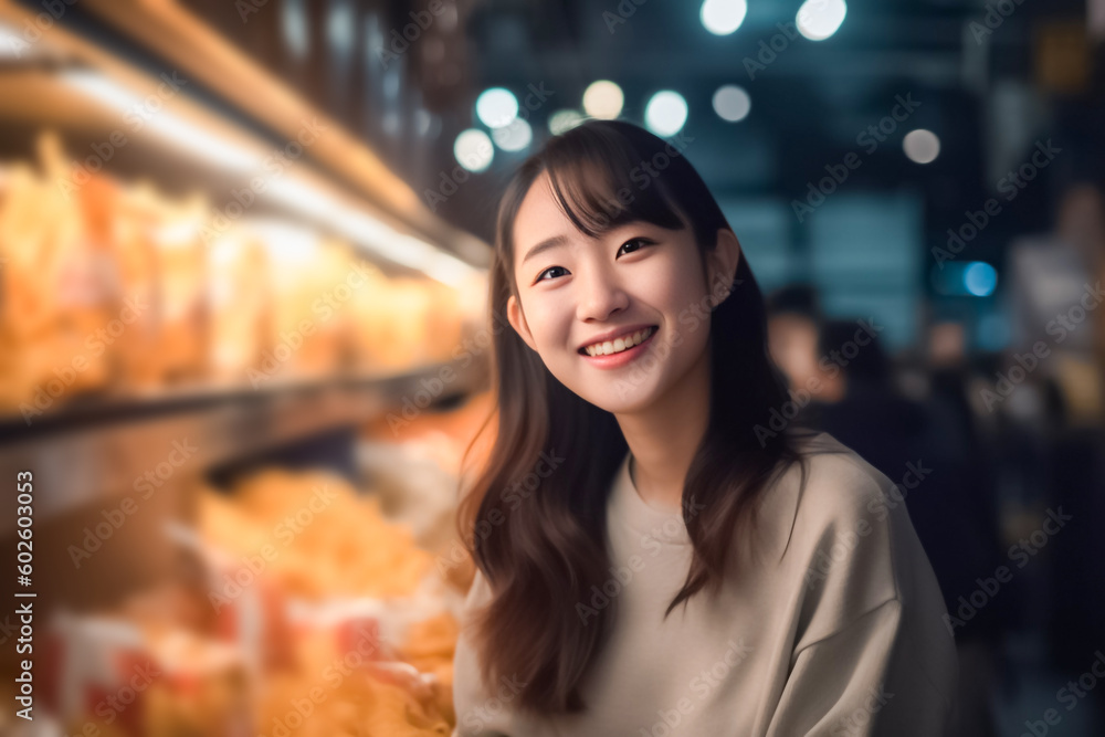 Against the dimly lit background of a supermarket department store, an Asian girl stands before a shelf, browsing the items available. generative AI Against the dimly lit background of a supermarket department store, an Asian girl stands before a shelf, browsing the items available. generative AI