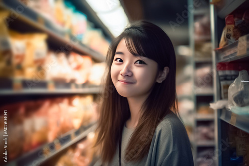 Against the dimly lit background of a supermarket department store, an Asian girl stands before a shelf, browsing the items available. generative AI © Surachetsh