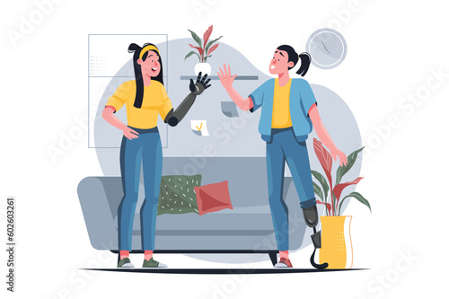 Disabled people yellow concept with people scene in the flat cartoon design. Two girls with disabilities have fun together. Vector illustration.