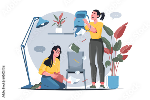 Bulling yellow concept with people scene in the flat cartoon design. Woman angry bullies a girl and spoils her own things. Vector illustration.