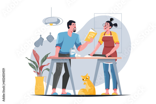 Cooking at home yellow concept with people scene in the flat cartoon design. Young couple decided to cook a new dish together. Vector illustration.