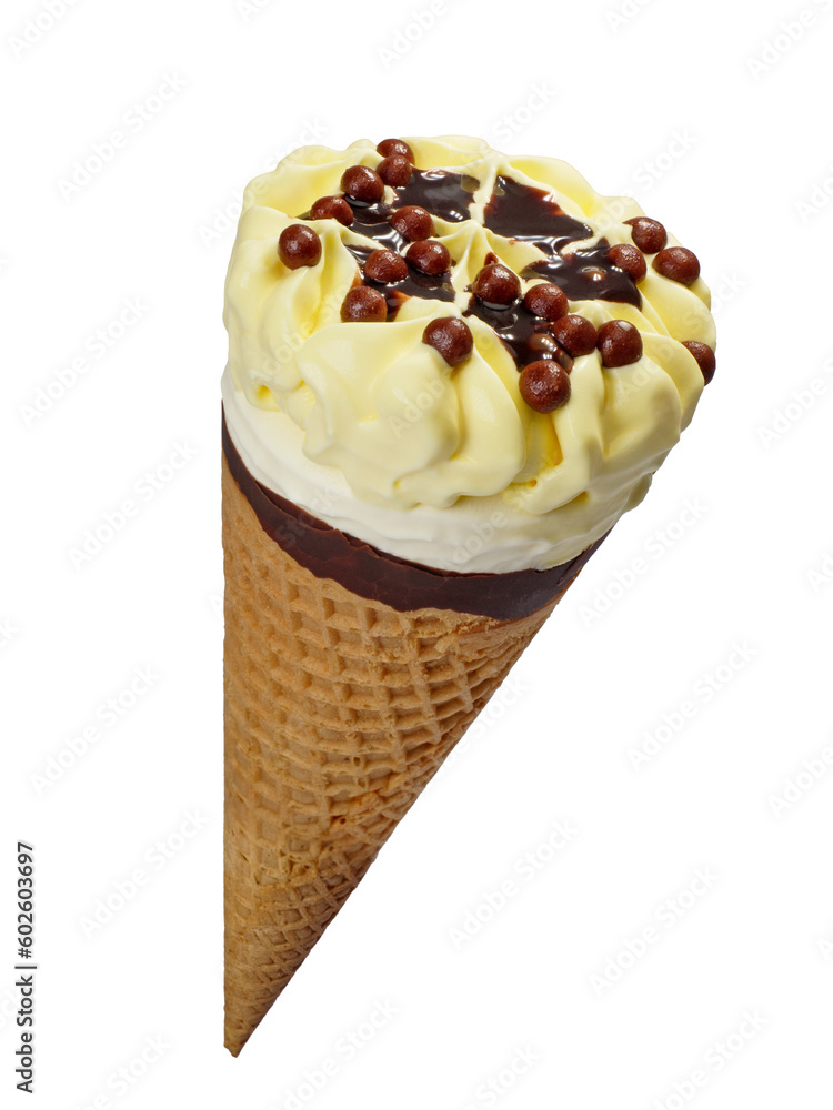Vanilla ice cream cone with chocolate topping and chocolate decoration, creamy snack side view studio shot isolated on white background Vanilla ice cream cone with chocolate topping and chocolate decoration, creamy snack side view studio shot isolated on white background