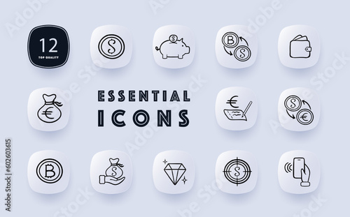 Financial management and investment icon set. Money, budgeting, savings, investments. Financial planning. Neomorphism style. Vector line icon for Business and Advertising