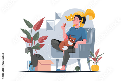 Yellow concept Funny situation in life pets with people scene in the flat cartoon design. Woman spends a free time with her cats, Vector illustration.