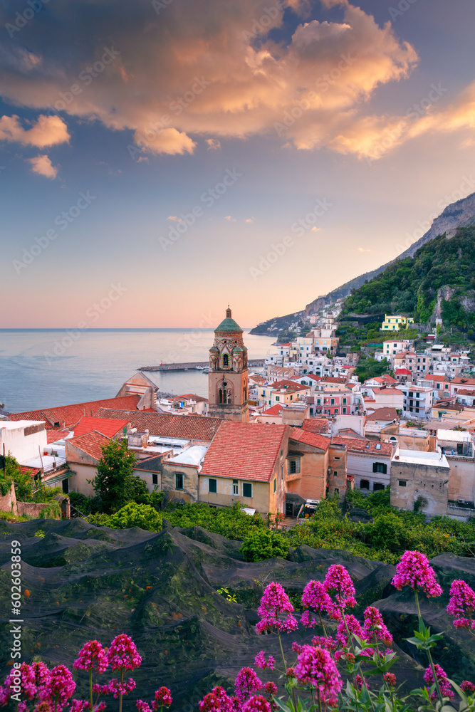Amalfi, Italy. Cityscape image of famous coastal city Amalfi, located on Amalfi Coast, Italy at sunset.