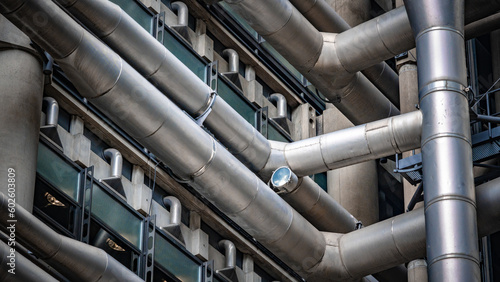 An industrial building with steel pipes