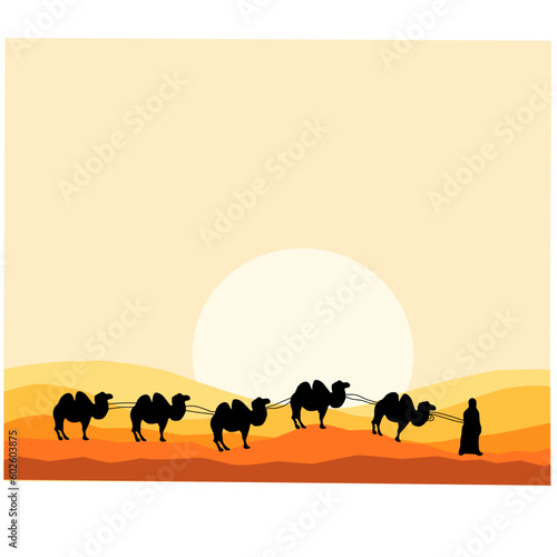 Camel caravan through desert vector illustration  Islamic background