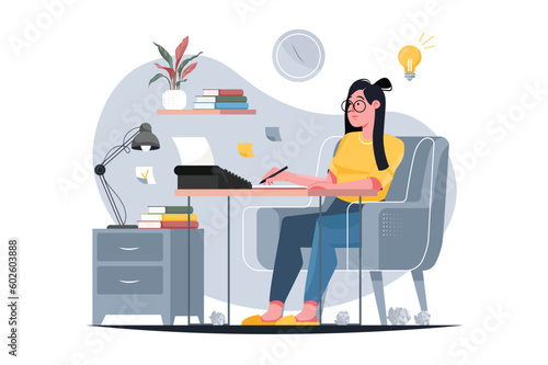 Yellow concept Writer with people scene in the flat cartoon style. The writer is working on writing a new book. Vector illustration.