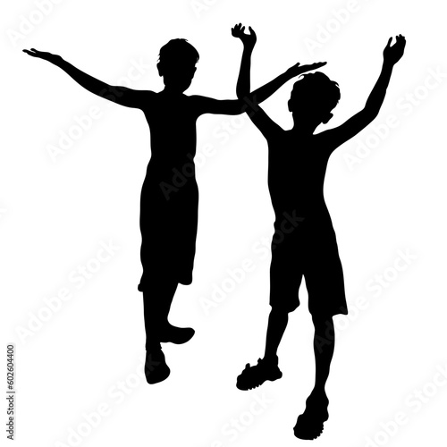 Vector silhouettes of people. Children standing with arms raised up two little boys isolated on white background