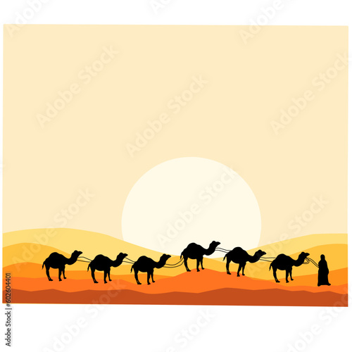 Camel caravan through desert vector illustration  Islamic background