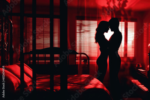  Sensual Double Exposure. Captivating artistic photo from the 1980s featuring a woman wearing black lace and a man in a penthouse bedroom at night. Romantic Red Noir concept AI Generative
