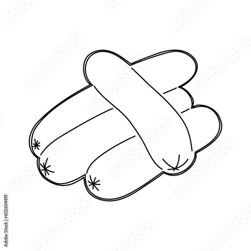 Four sausages are on the table in sketch style. Vector.