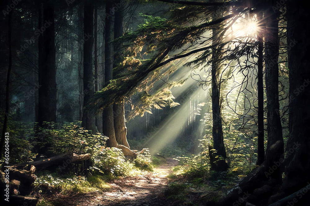 Obraz premium Morning light in the forest. Sunbeams flowing through foliage trees on forest clearing. Forest light. Generative AI