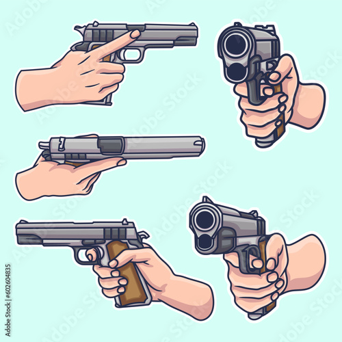 Free vector bundle various poses hand holding gun cute design hand drawing style