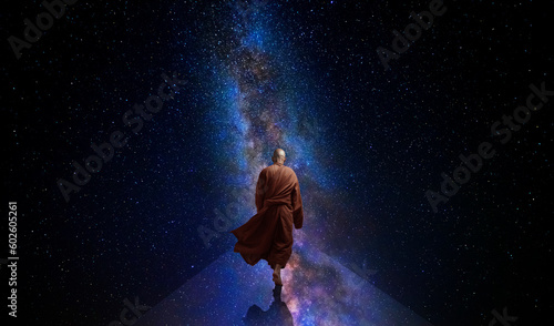 Buddhist monk looking at the universe. AI generative