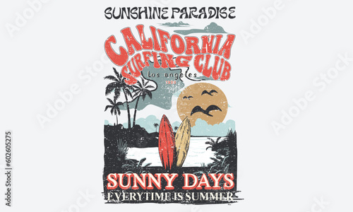 California beach surfing club vintage print artwork. lifeguard tower graphic print design for t shirt print, poster, sticker, background and other uses. Summer vibes. Sunshine paradise.