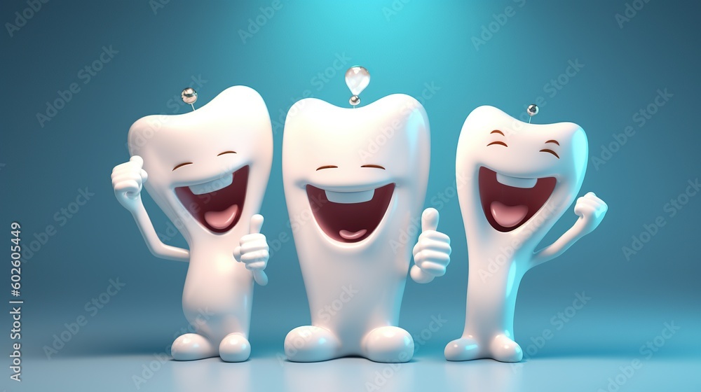 3D realistic happy white tooth character. Tooth cartoon with thumbs up