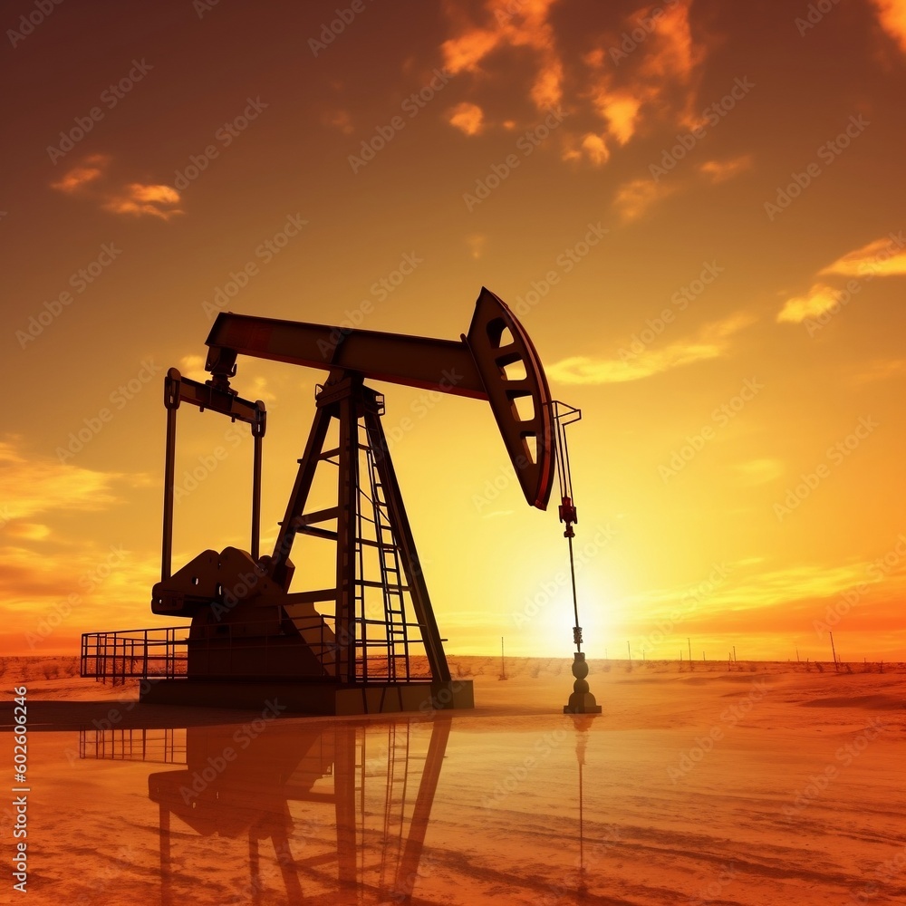 Silhouetted Crude Oil Pumpjack on Desert at Dusk. Generative AI