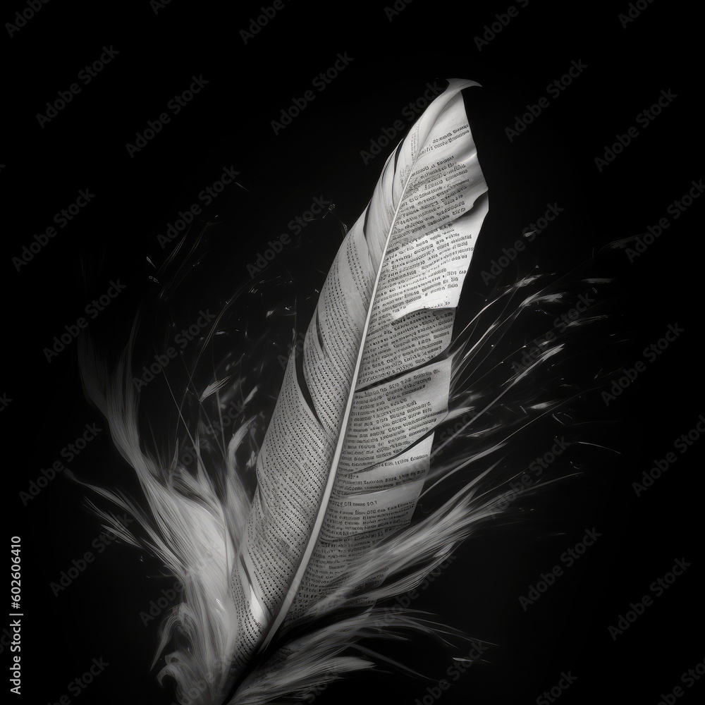 feather on black background, writing poetry literature - by generative ai - obrazy, fototapety, plakaty 