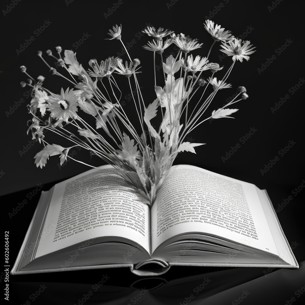 blooming poetry book and flowers paper art - by generative ai - obrazy, fototapety, plakaty 