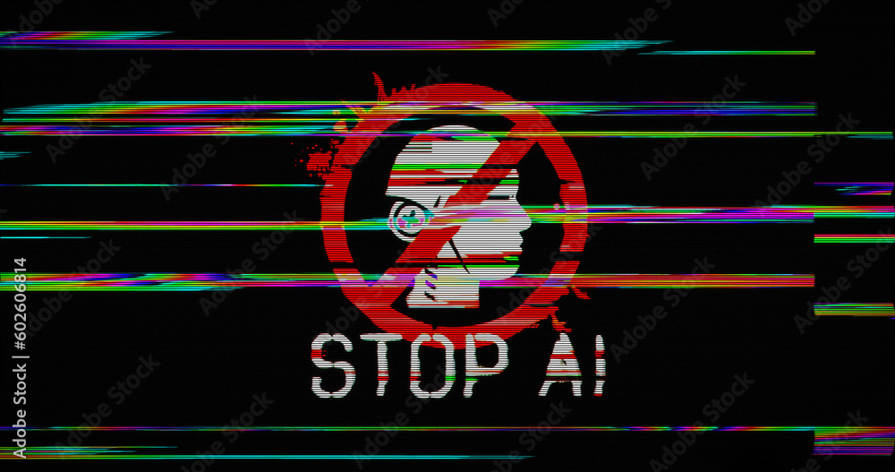 Stop AI symbol modern glitch concept 3d illustration