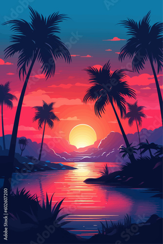 A beach in the evening. Vector landscape illustration background.