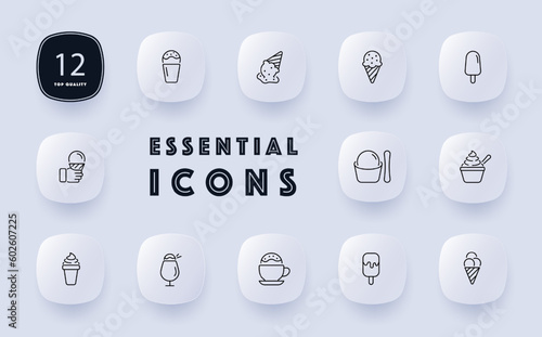 Ice cream icon set. Scoops, cones, flavors, toppings, sweetness, frozen, indulgence. Treat. Neomorphism style. Vector line icon for Business and Advertising