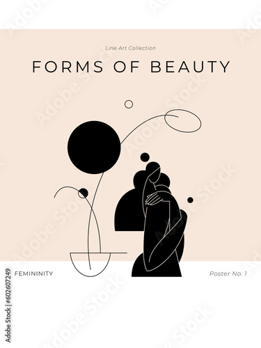 Trendy contemporary poster. Minimal female silhouette Abstract woman body feminine geometric composition. Femininity aesthetic, Mid century beauty concept for wall decor, prints. Vector illustration
