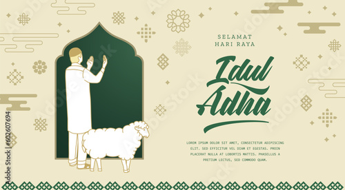 Selamat Idul Adha.Translation: Happy Eid Al Adha Mubarak. Eid al-Adha Greeting with typography and illustration. vector illustration.