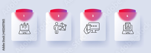 Scientific research online icon set. Virtual laboratories, data analysis, collaboration. Knowledge. Glassmorphism style. Vector line icon for Business and Advertising