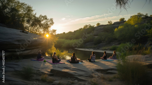 A group of people practicing yoga on the river bank at sunset. Yoga in nature.Generated AI