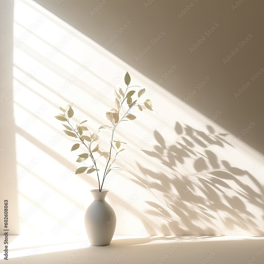 Fresh summer interior with green leaves in glass vase in sun light with shadow on wall,Modern interior design concept,Generative, AI, Illustration. Fresh summer interior with green leaves in glass vase in sun light with shadow on wall,Modern interior design concept,Generative, AI, Illustration.