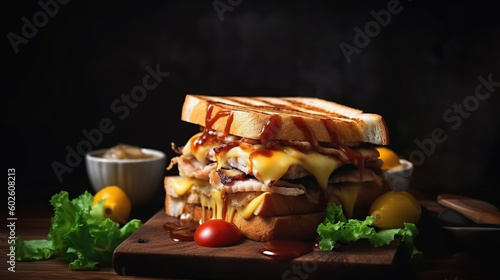 Club sandwich on dark wooden background, edited ai illustration 