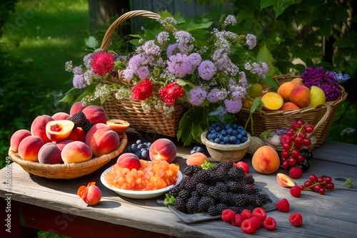 Bountiful Summer harvest with plenty of fresh vibrant berries, fruits and flowers showing Self sufficient farming and home grown food, made with Generative AI