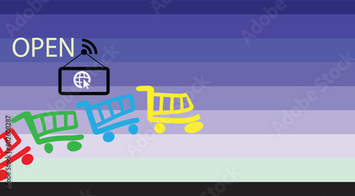 Shopping cart with open sign on the screen. Vector illustration.