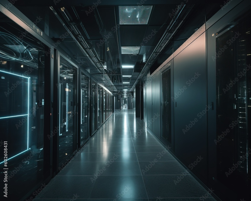 Computer data center room facility with server raks. Storage solutions. cloud storage servers. Generative Ai