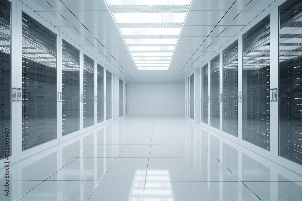 Fototapeta premium Computer data center room facility with server raks. Storage solutions. cloud storage servers. Generative Ai