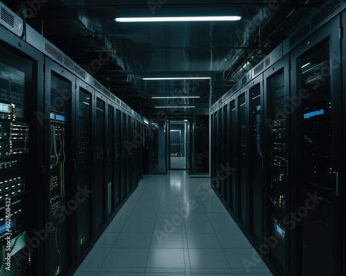 Computer data center room facility with server raks. Storage solutions. cloud storage servers. Generative Ai