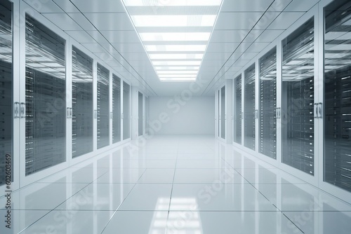 Computer data center room facility with server raks. Storage solutions. cloud storage servers. Generative Ai