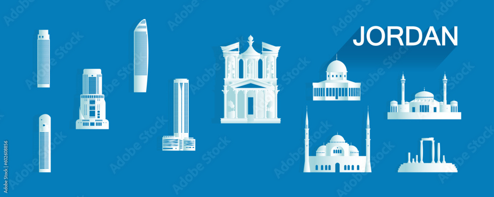 Travel landmarks kazakhstan with isolated silhouette architecture on blue background.