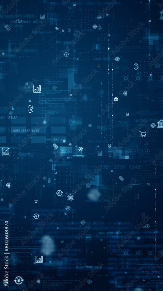 Blue money icon and data matrix simulation digital grid line with futuristic HUD screen on blue abstract background technology and cryptocurrency concept vertical video