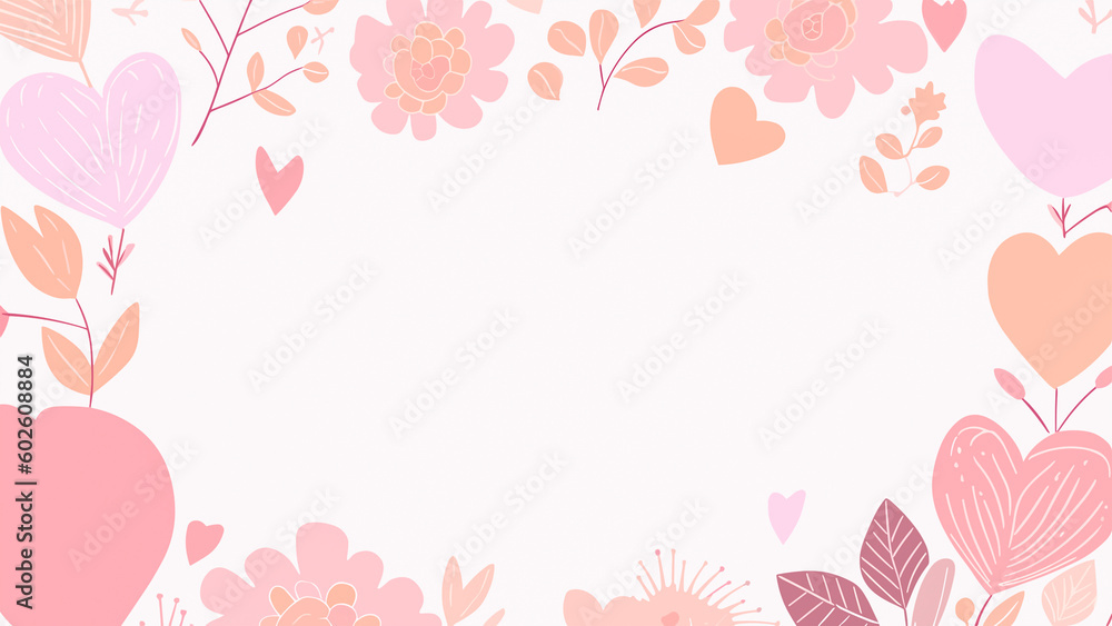Valentine's day background with flowers and hearts with copy space. Generative AI.