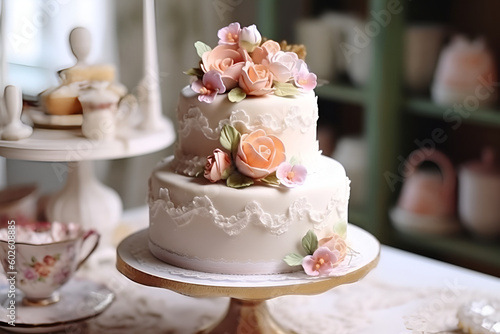 White two-tier wedding cake with flowers on it. AI generated