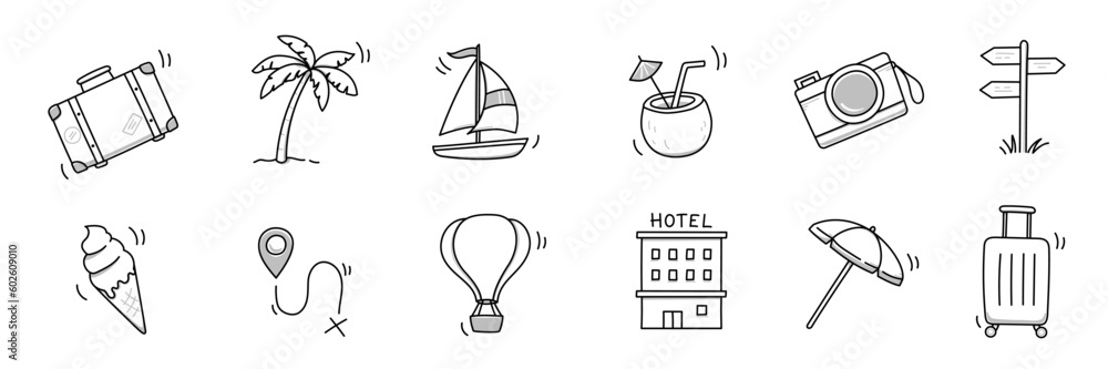 Summer travel vacation drawn icon set. Hand drawn sketch doodle style summer trip, vacation icon. Camera, travel bag, palm doodle element. Funny tourism vector illustration. - obrazy, fototapety, plakaty 