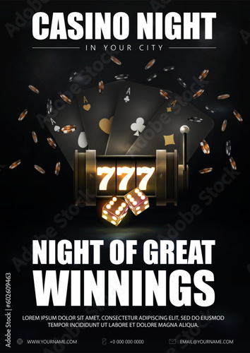 Casino night, black vertical poster with black neon slot machine, black playing cards, dice and poker chips on dark background
